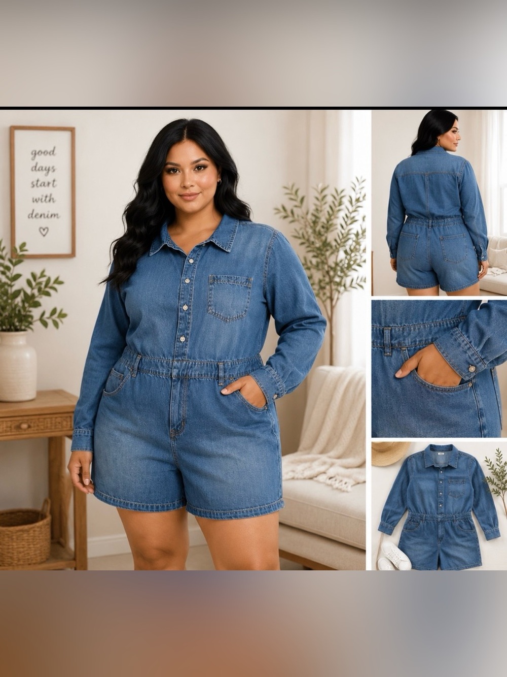 Universal Thread Denim Romper | Long Sleeve Button Front | Size 14